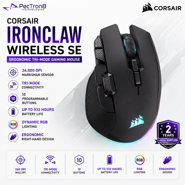 CORSAIR IRONCLAW WIRELESS SE Gaming Mouse | 26K DPI | Tri-Mode Wireless | 10 Programmable Buttons