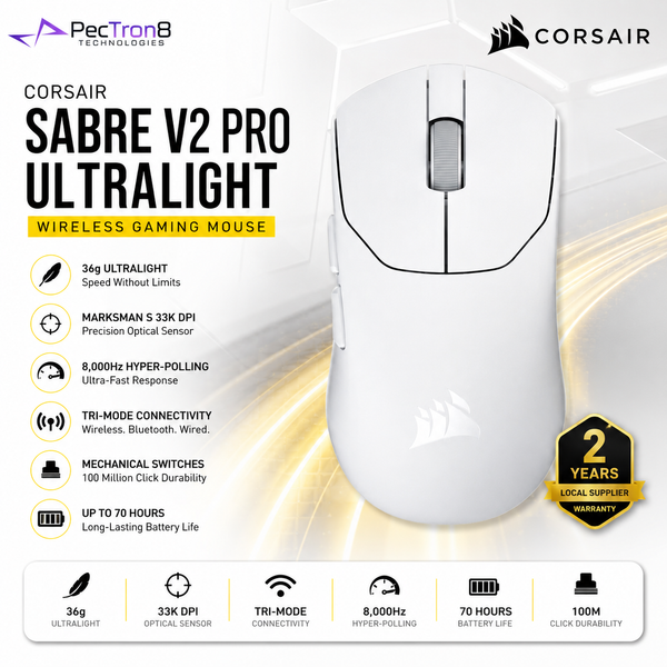CORSAIR SABRE V2 PRO ULTRALIGHT WIRELESS Gaming Mouse White | 33K DPI | 36g | 8K Hyper-Polling