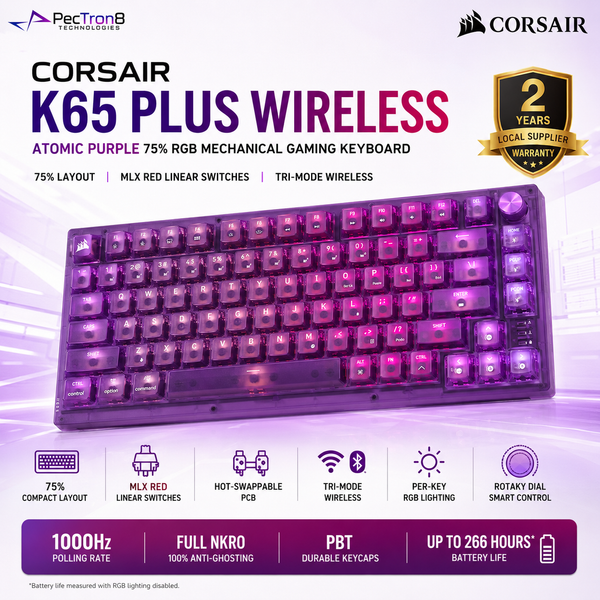 CORSAIR K65 PLUS WIRELESS Atomic Purple RGB 75% Mechanical Gaming Keyboard | Tri-Mode Wireless