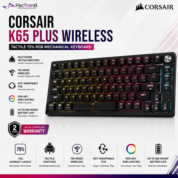 CORSAIR K65 PLUS WIRELESS TACTILE 75% RGB Mechanical Gaming Keyboard | MLX Fusion Switches | Tri-Mode Wireless