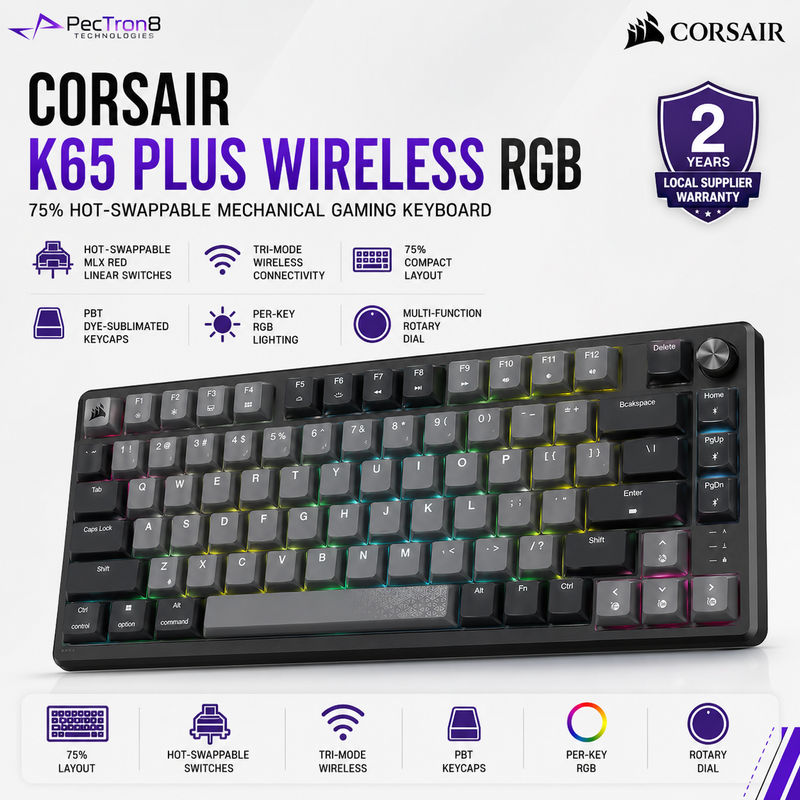 CORSAIR K65 PLUS WIRELESS RGB 75% Gaming Keyboard | Hot-Swappable MLX Red | Tri-Mode Wireless