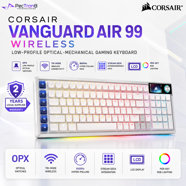 CORSAIR VANGUARD AIR 99 WIRELESS White Gaming Keyboard | OPX Optical | 8K Wireless | RGB