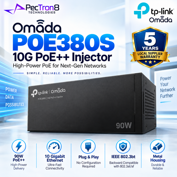TP-Link Omada POE380S 10G PoE++ Injector – 90W IEEE 802.3bt, 10GbE, Plug & Play, Metal Housing