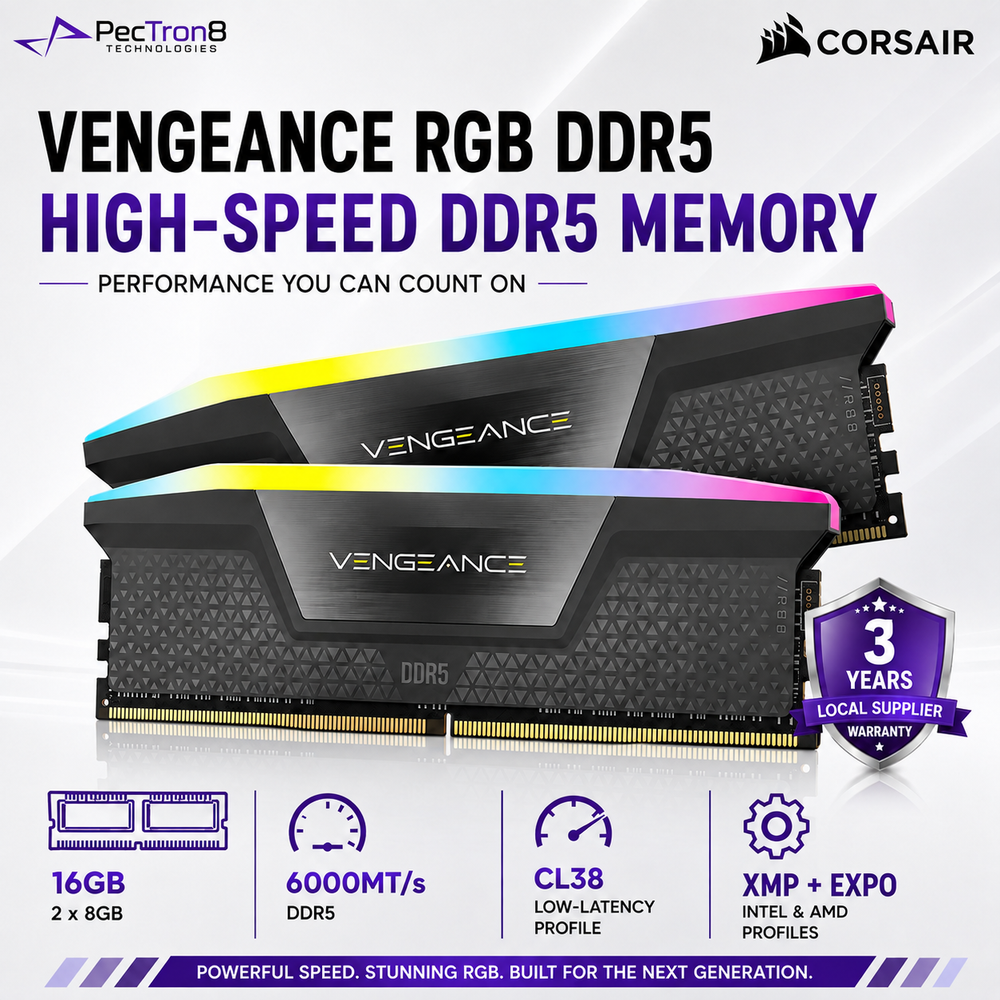 CORSAIR VENGEANCE RGB 32GB (2×16GB) DDR5 6000MT/s CL38 Memory Kit – Grey, AMD EXPO & Intel XMP | CMH32GX5M2D6000Z38