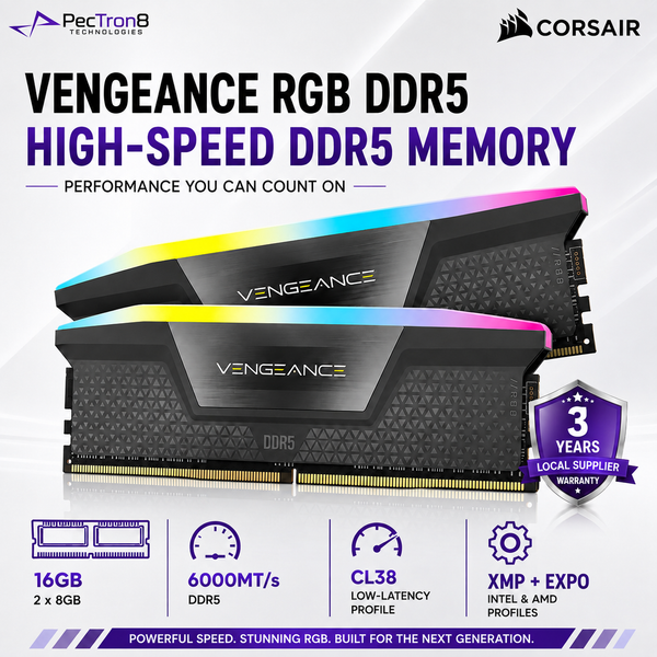 CORSAIR VENGEANCE RGB 32GB (2×16GB) DDR5 6000MT/s CL38 Memory Kit – Grey, AMD EXPO & Intel XMP | CMH32GX5M2D6000Z38