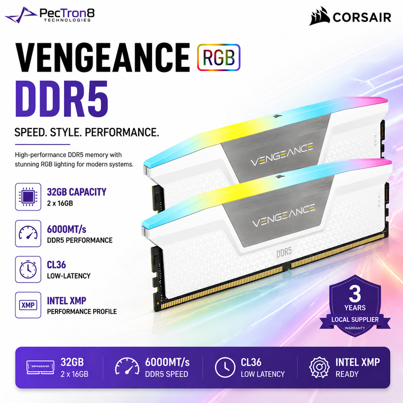 CORSAIR VENGEANCE RGB 32GB (2×16GB) DDR5 6000MT/s CL36 Memory Kit – Black, Intel XMP | CMH32GX5M2E6000C36