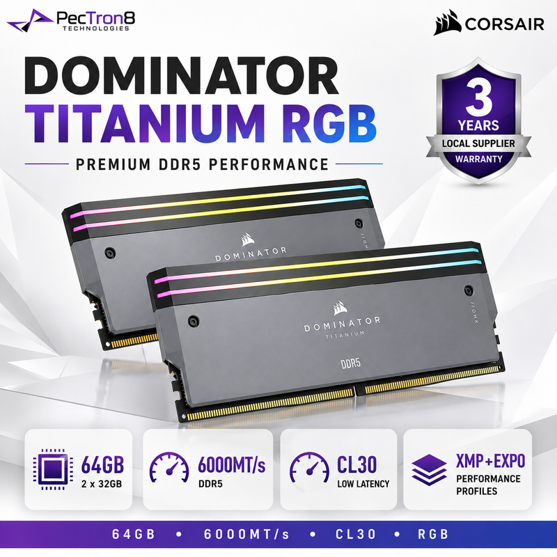 CORSAIR DOMINATOR TITANIUM RGB 32GB (2×16GB) DDR5 6000MT/s CL30 1.40V Memory – Grey, Intel XMP & AMD EXPO | CMP32GX5M2B6000Z30