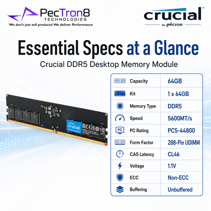 Crucial 64GB DDR5-5600 UDIMM Desktop RAM 288-Pin PC5-44800 Non-ECC Memory