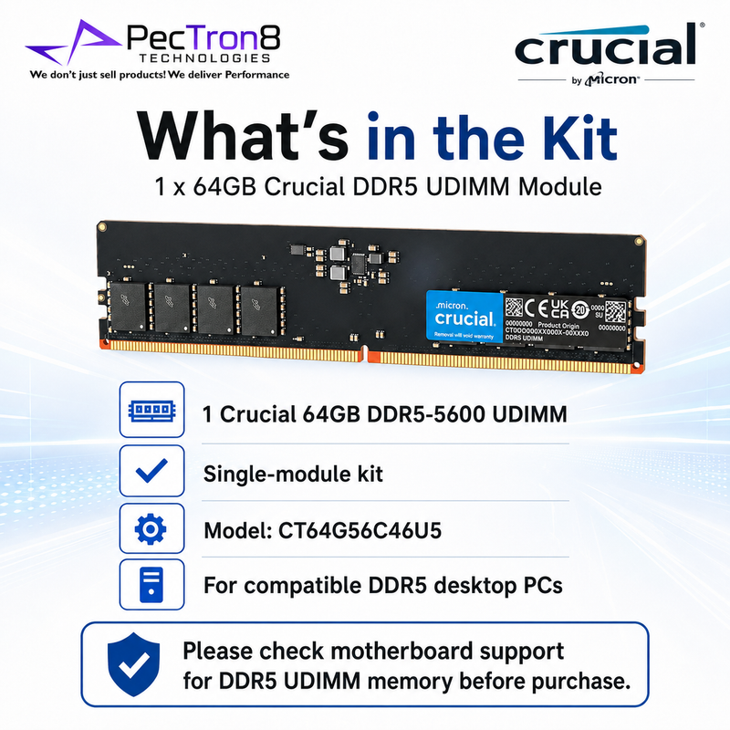 Crucial 64GB DDR5-5600 UDIMM Desktop RAM 288-Pin PC5-44800 Non-ECC Memory