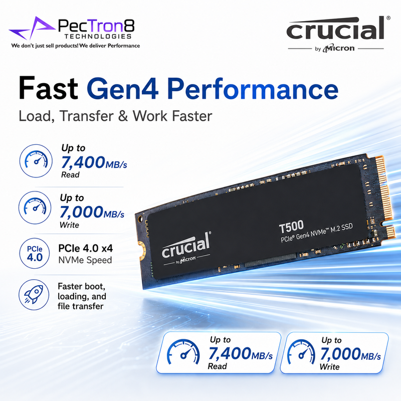 Crucial T500 PCIe Gen4 NVMe M.2 2280 SSD 1TB/2TB/4TB Non-Heatsink Internal SSD | Laptop Desktop Compatible | 5Y Warranty