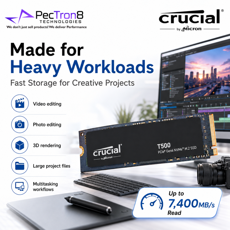 Crucial T500 PCIe Gen4 NVMe M.2 2280 SSD 1TB/2TB/4TB Non-Heatsink Internal SSD | Laptop Desktop Compatible | 5Y Warranty