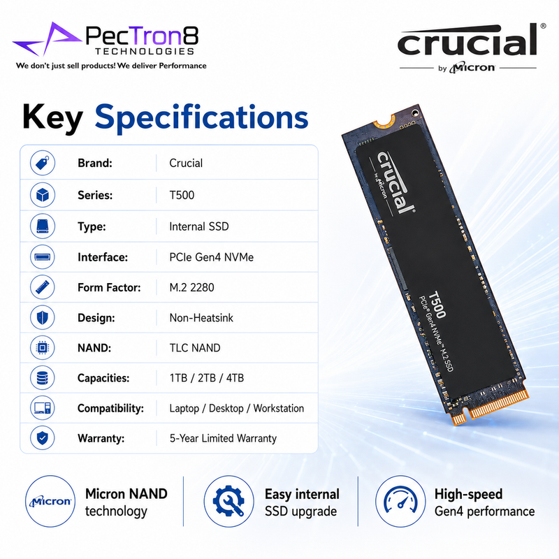 Crucial T500 PCIe Gen4 NVMe M.2 2280 SSD 1TB/2TB/4TB Non-Heatsink Internal SSD | Laptop Desktop Compatible | 5Y Warranty