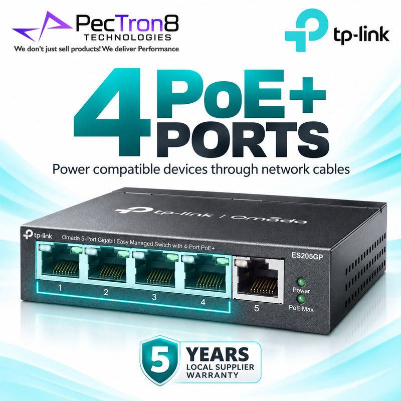 TP-Link Omada ES205GP 5-Port Gigabit Easy Managed Switch with 4-Port PoE+, 65 W PoE Budget, Omada SDN Cloud Management