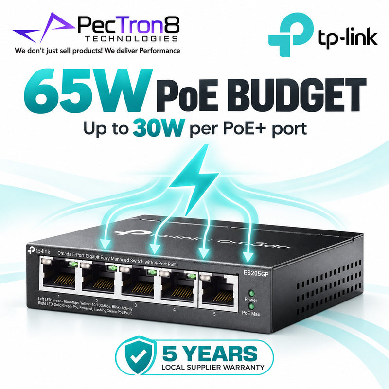TP-Link Omada ES205GP 5-Port Gigabit Easy Managed Switch with 4-Port PoE+, 65 W PoE Budget, Omada SDN Cloud Management