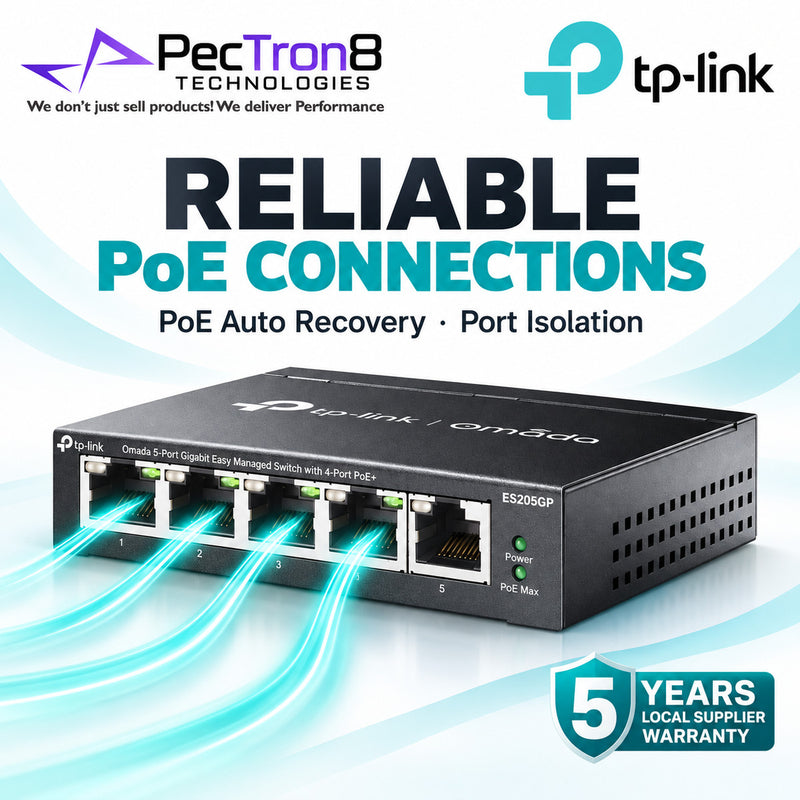 TP-Link Omada ES205GP 5-Port Gigabit Easy Managed Switch with 4-Port PoE+, 65 W PoE Budget, Omada SDN Cloud Management