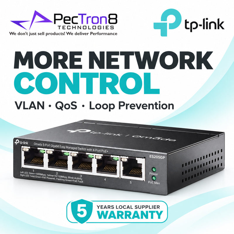 TP-Link Omada ES205GP 5-Port Gigabit Easy Managed Switch with 4-Port PoE+, 65 W PoE Budget, Omada SDN Cloud Management