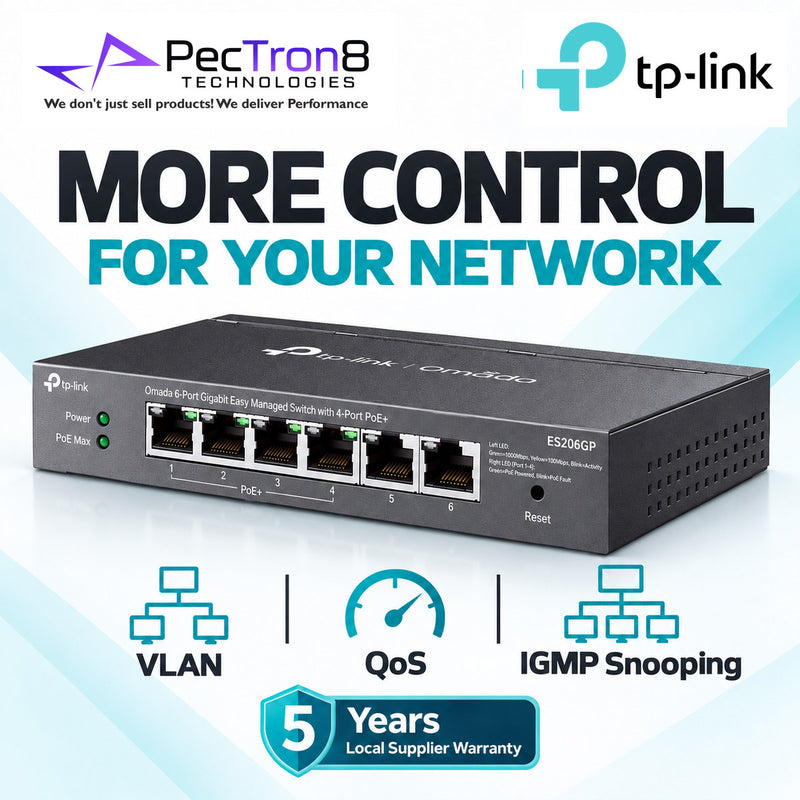 TP-Link Omada ES206GP 6-Port Gigabit Easy Managed Switch with 4-Port PoE+, 65W PoE Budget, Omada SDN Cloud Management