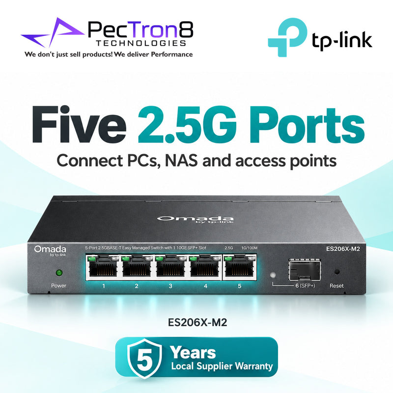 TP-Link Omada ES206X-M2 Easy Managed Switch – 5×2.5GBASE-T Ports, 1×10G SFP+ Slot, Omada SDN, Fanless Metal Switch