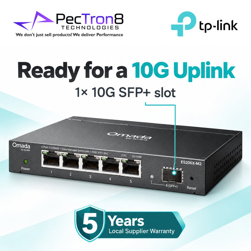 TP-Link Omada ES206X-M2 Easy Managed Switch – 5×2.5GBASE-T Ports, 1×10G SFP+ Slot, Omada SDN, Fanless Metal Switch