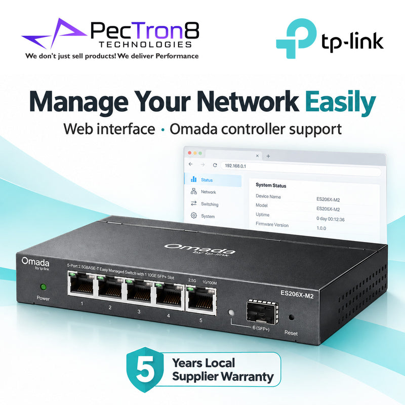 TP-Link Omada ES206X-M2 Easy Managed Switch – 5×2.5GBASE-T Ports, 1×10G SFP+ Slot, Omada SDN, Fanless Metal Switch