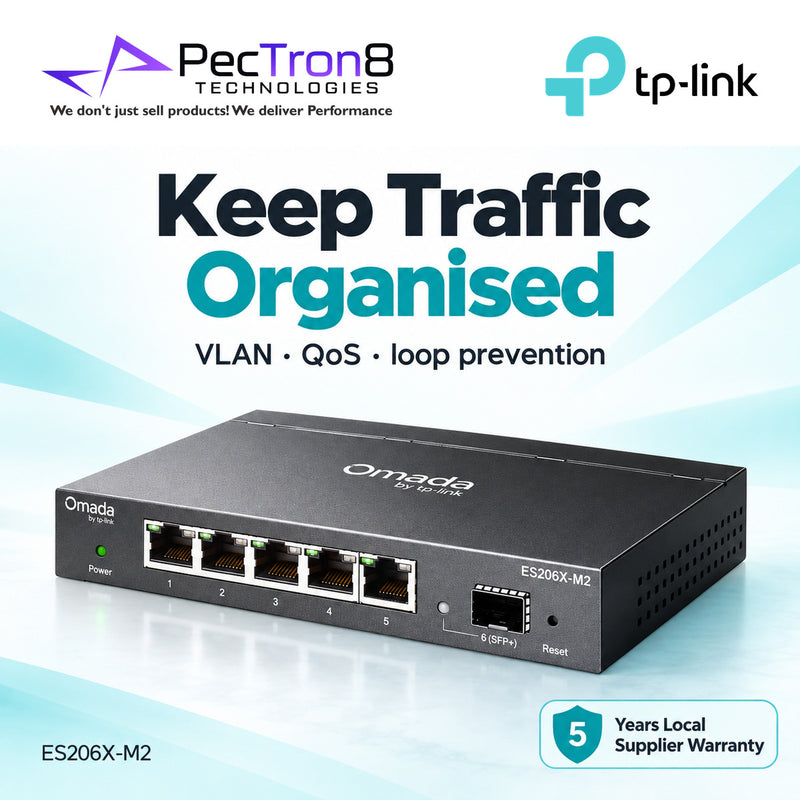 TP-Link Omada ES206X-M2 Easy Managed Switch – 5×2.5GBASE-T Ports, 1×10G SFP+ Slot, Omada SDN, Fanless Metal Switch