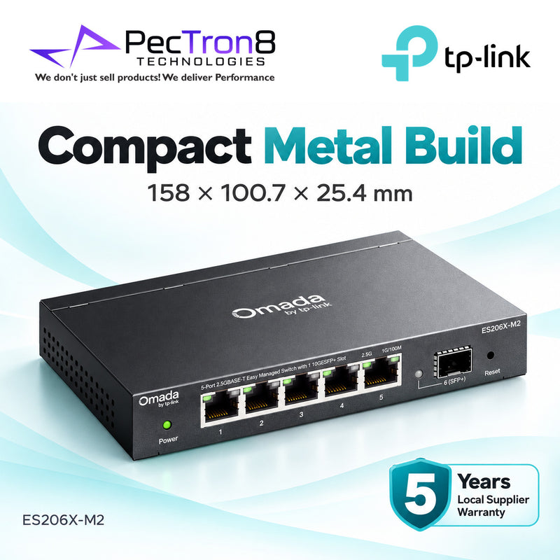 TP-Link Omada ES206X-M2 Easy Managed Switch – 5×2.5GBASE-T Ports, 1×10G SFP+ Slot, Omada SDN, Fanless Metal Switch