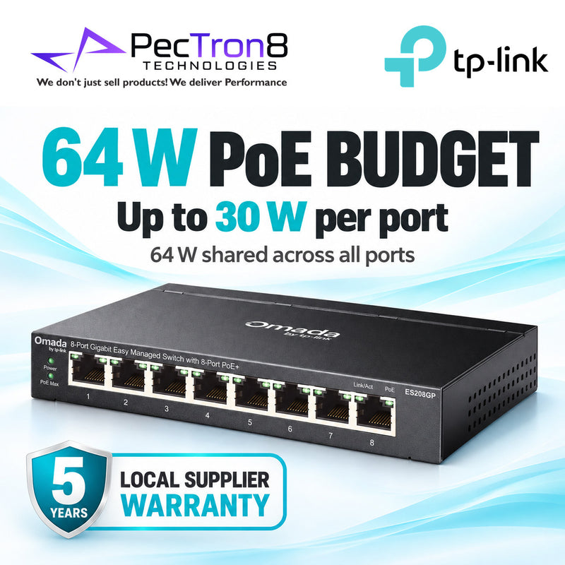 TP-Link Omada ES208GP 8-Port Gigabit Easy Managed PoE+ Switch – 123 W PoE Budget, Omada SDN, Cloud Management