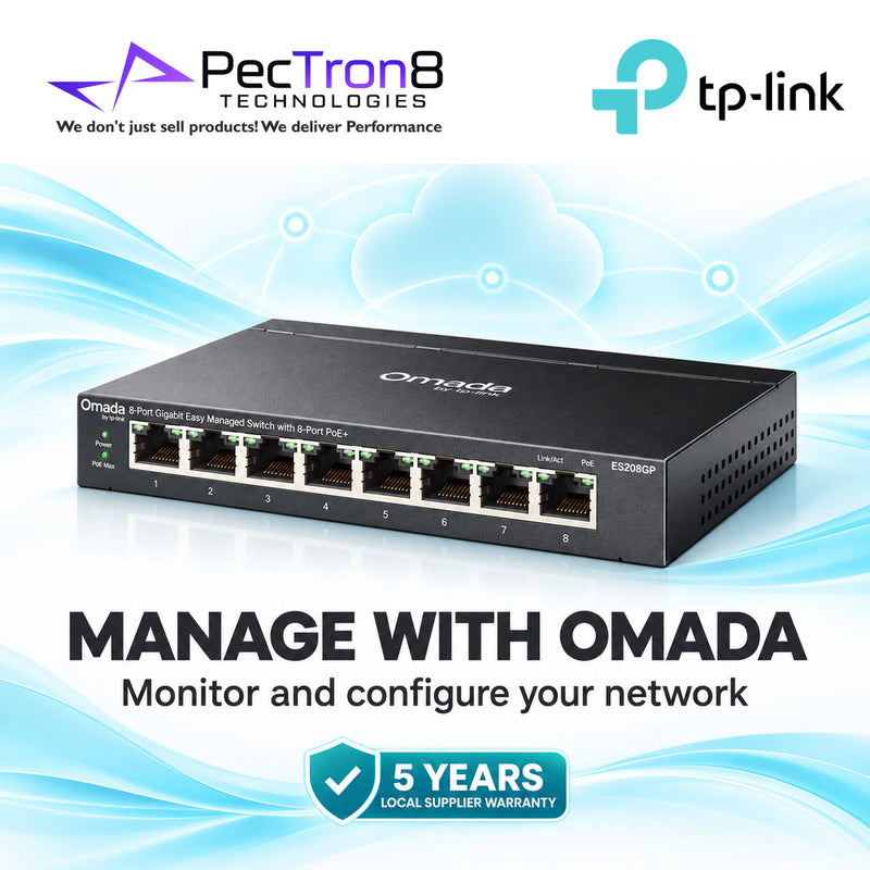 TP-Link Omada ES208GP 8-Port Gigabit Easy Managed PoE+ Switch – 123 W PoE Budget, Omada SDN, Cloud Management