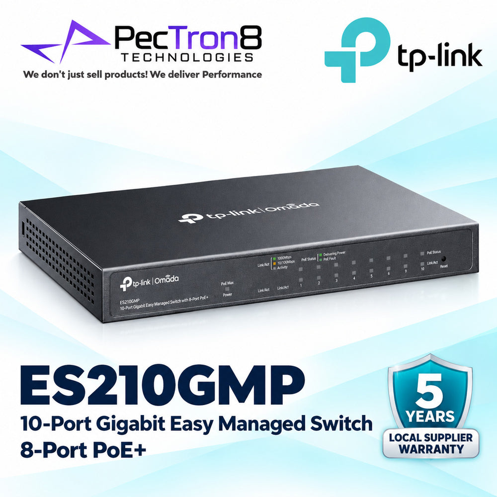 TP-Link Omada ES210GMP 10-Port Gigabit Easy Managed PoE+ Switch – 8 PoE+ Ports, 123 W Budget, Omada SDN Cloud Management