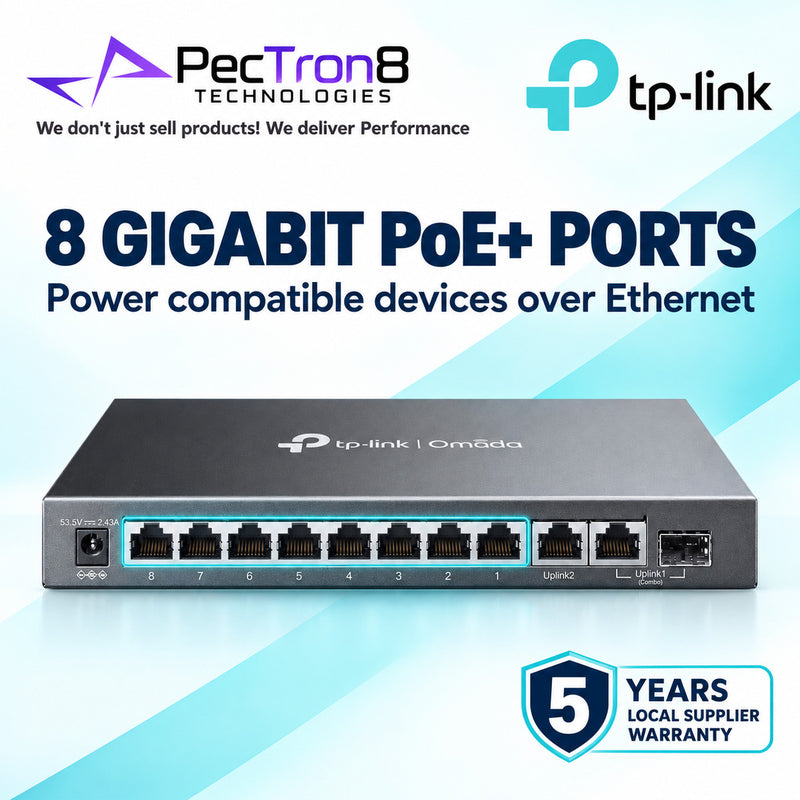 TP-Link Omada ES210GMP 10-Port Gigabit Easy Managed PoE+ Switch – 8 PoE+ Ports, 123 W Budget, Omada SDN Cloud Management