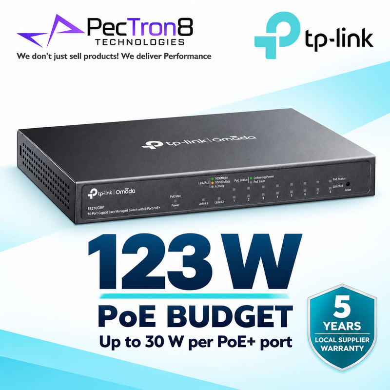 TP-Link Omada ES210GMP 10-Port Gigabit Easy Managed PoE+ Switch – 8 PoE+ Ports, 123 W Budget, Omada SDN Cloud Management