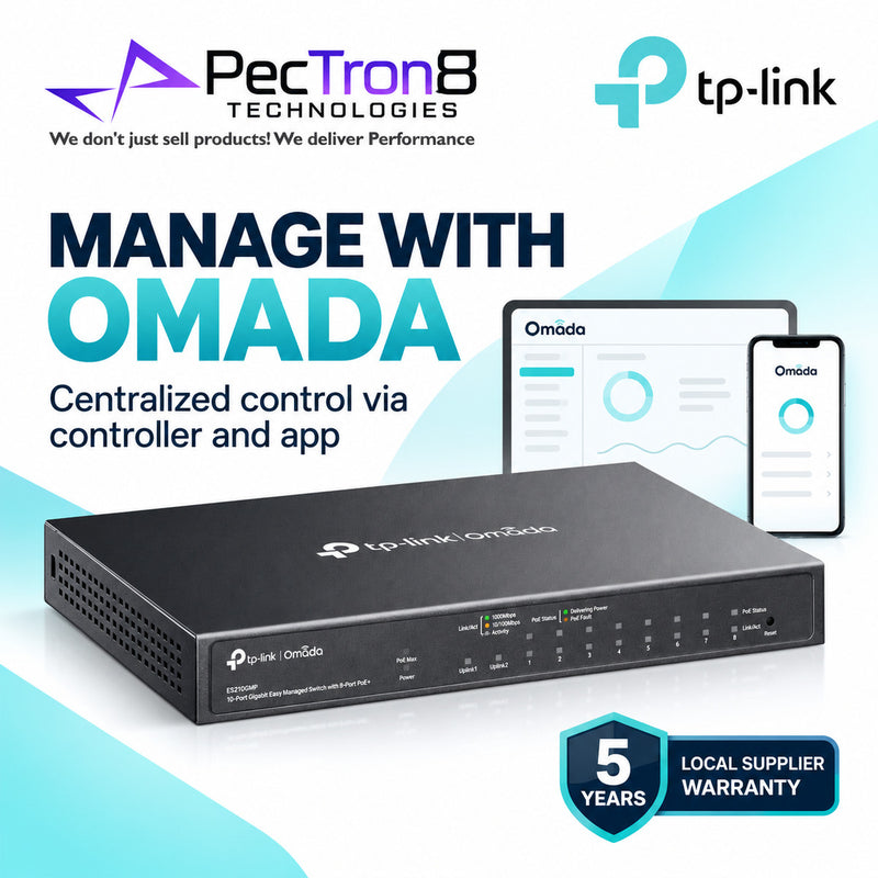 TP-Link Omada ES210GMP 10-Port Gigabit Easy Managed PoE+ Switch – 8 PoE+ Ports, 123 W Budget, Omada SDN Cloud Management