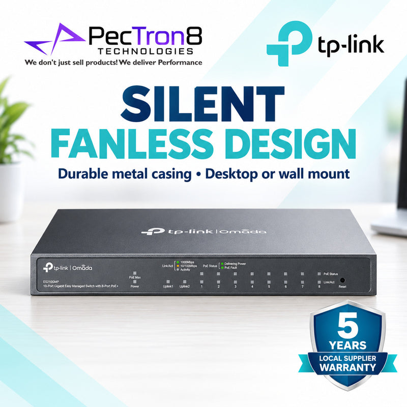 TP-Link Omada ES210GMP 10-Port Gigabit Easy Managed PoE+ Switch – 8 PoE+ Ports, 123 W Budget, Omada SDN Cloud Management