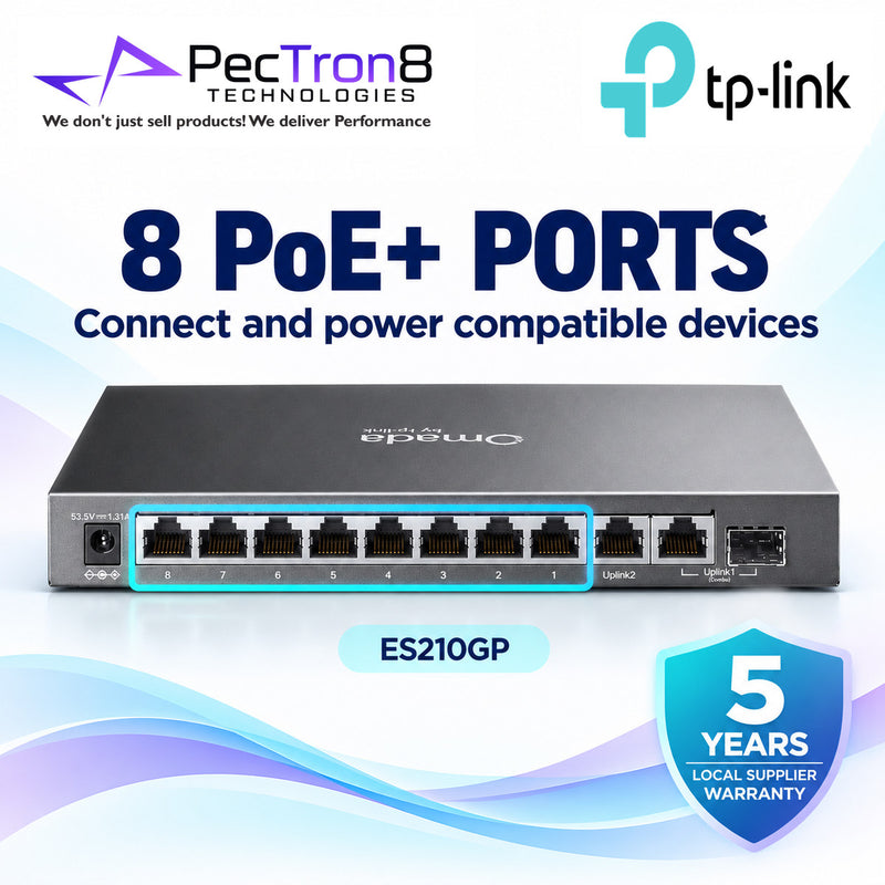TP-Link Omada ES210GP 10-Port Gigabit Easy Managed Switch with 8-Port PoE+, 123W PoE Budget, Omada SDN Cloud Management