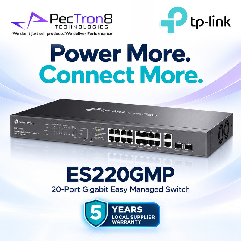 TP-Link Omada ES220GMP 20-Port Gigabit Easy Managed PoE+ Switch – 16 PoE+ Ports, 250W PoE Budget, 2 Gigabit Uplink, 2 SFP, Omada SDN