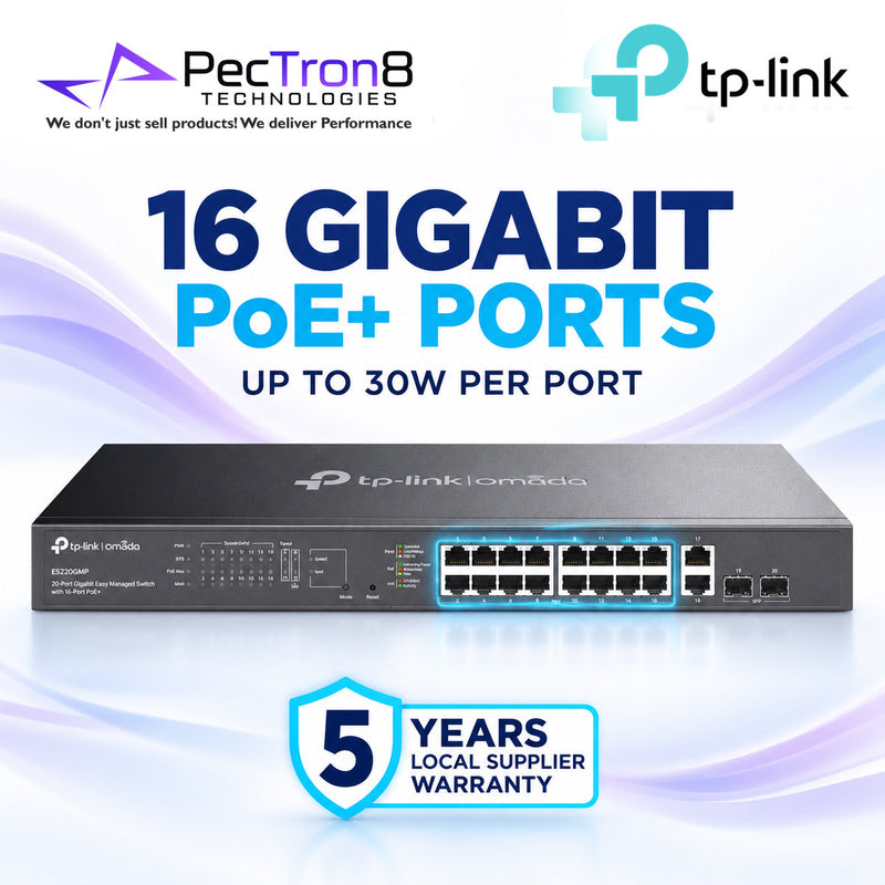 TP-Link Omada ES220GMP 20-Port Gigabit Easy Managed PoE+ Switch – 16 PoE+ Ports, 250W PoE Budget, 2 Gigabit Uplink, 2 SFP, Omada SDN