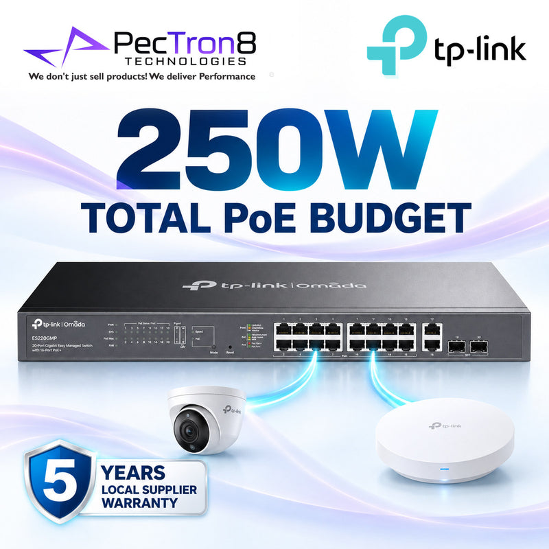 TP-Link Omada ES220GMP 20-Port Gigabit Easy Managed PoE+ Switch – 16 PoE+ Ports, 250W PoE Budget, 2 Gigabit Uplink, 2 SFP, Omada SDN