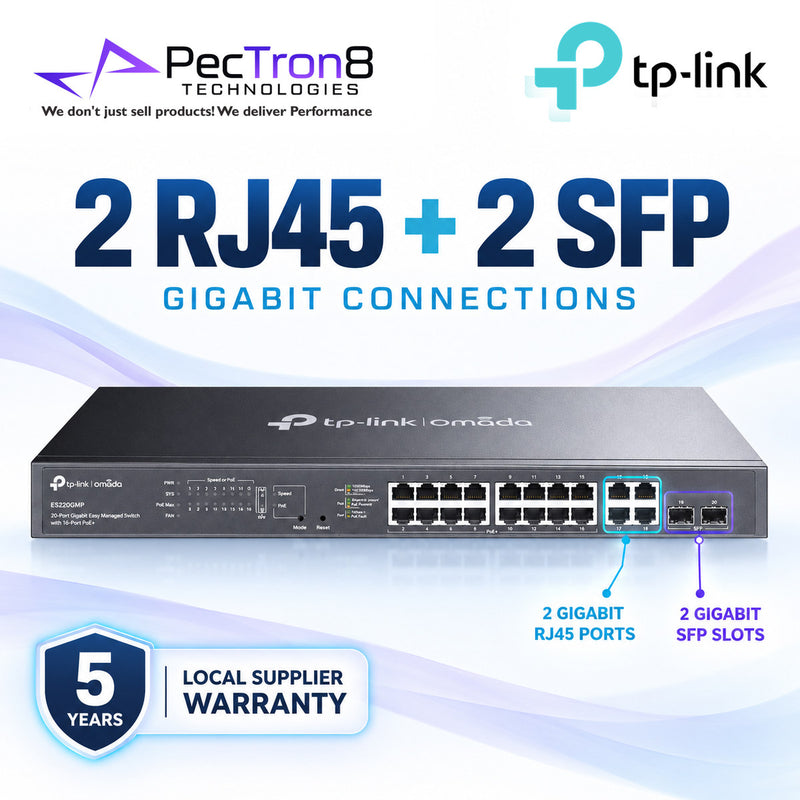 TP-Link Omada ES220GMP 20-Port Gigabit Easy Managed PoE+ Switch – 16 PoE+ Ports, 250W PoE Budget, 2 Gigabit Uplink, 2 SFP, Omada SDN
