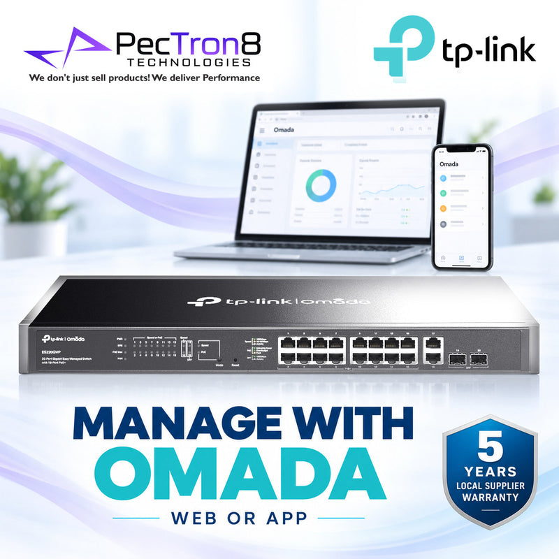 TP-Link Omada ES220GMP 20-Port Gigabit Easy Managed PoE+ Switch – 16 PoE+ Ports, 250W PoE Budget, 2 Gigabit Uplink, 2 SFP, Omada SDN