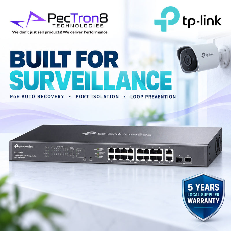 TP-Link Omada ES220GMP 20-Port Gigabit Easy Managed PoE+ Switch – 16 PoE+ Ports, 250W PoE Budget, 2 Gigabit Uplink, 2 SFP, Omada SDN
