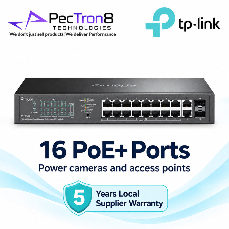 TP-Link Omada ES220GP 20-Port Gigabit Easy Managed Switch – 16-Port PoE+, 150W PoE Budget, 2 Gigabit RJ45, 2 SFP, Omada SDN