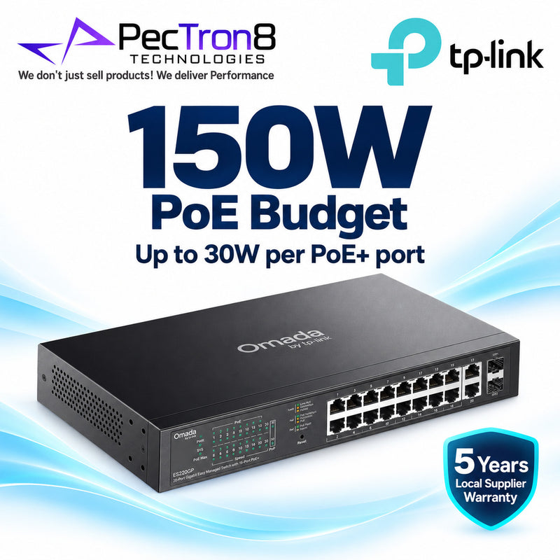 TP-Link Omada ES220GP 20-Port Gigabit Easy Managed Switch – 16-Port PoE+, 150W PoE Budget, 2 Gigabit RJ45, 2 SFP, Omada SDN