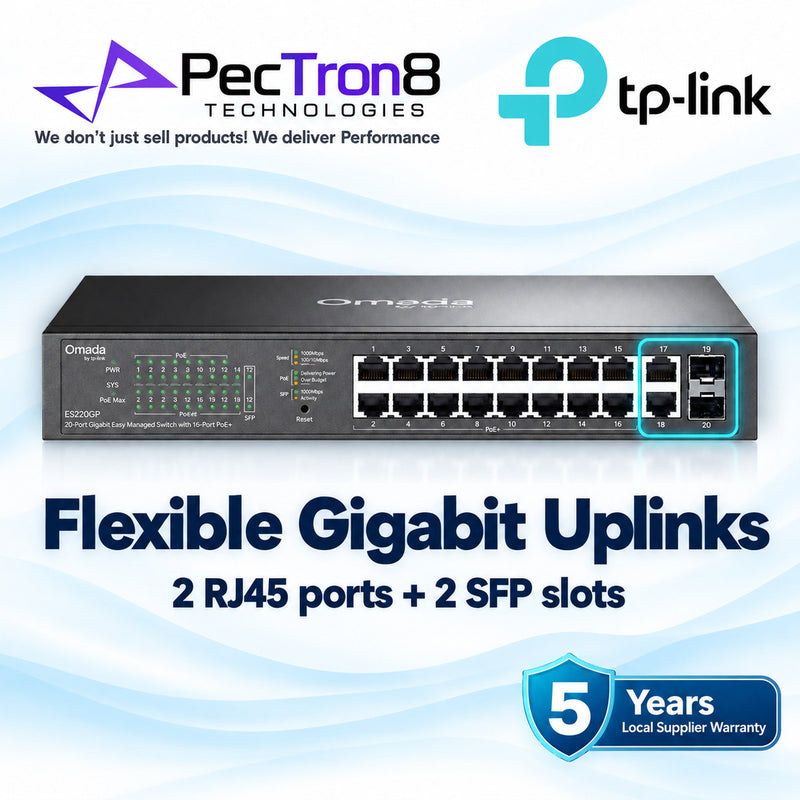 TP-Link Omada ES220GP 20-Port Gigabit Easy Managed Switch – 16-Port PoE+, 150W PoE Budget, 2 Gigabit RJ45, 2 SFP, Omada SDN