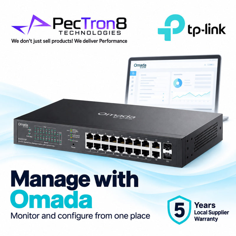 TP-Link Omada ES220GP 20-Port Gigabit Easy Managed Switch – 16-Port PoE+, 150W PoE Budget, 2 Gigabit RJ45, 2 SFP, Omada SDN