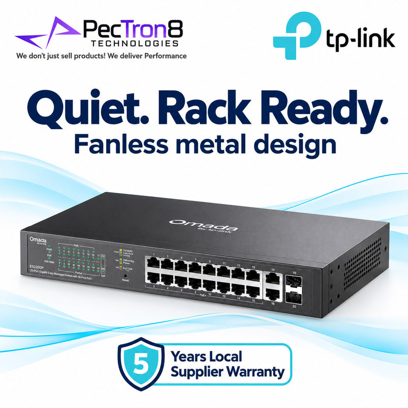 TP-Link Omada ES220GP 20-Port Gigabit Easy Managed Switch – 16-Port PoE+, 150W PoE Budget, 2 Gigabit RJ45, 2 SFP, Omada SDN