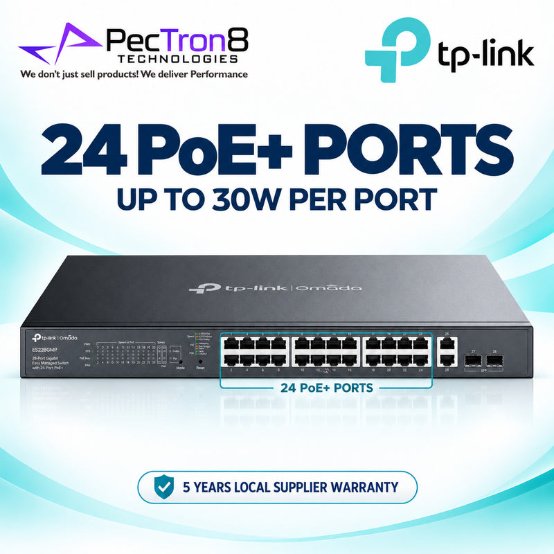 TP-Link Omada ES228GMP 28-Port Gigabit Easy Managed PoE+ Switch – 24 PoE+ Ports, 384W PoE Budget, 2 Gigabit RJ45 + 2 SFP Uplinks, Omada SDN