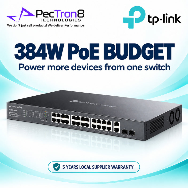 TP-Link Omada ES228GMP 28-Port Gigabit Easy Managed PoE+ Switch – 24 PoE+ Ports, 384W PoE Budget, 2 Gigabit RJ45 + 2 SFP Uplinks, Omada SDN