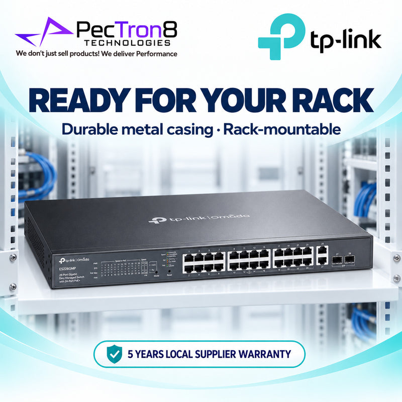 TP-Link Omada ES228GMP 28-Port Gigabit Easy Managed PoE+ Switch – 24 PoE+ Ports, 384W PoE Budget, 2 Gigabit RJ45 + 2 SFP Uplinks, Omada SDN
