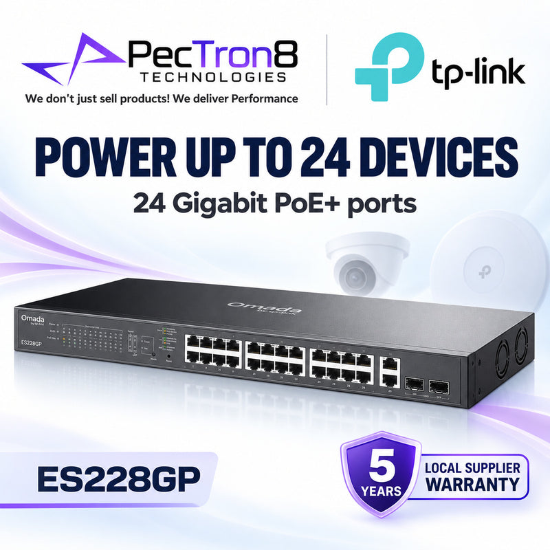 TP-Link Omada ES228GP 28-Port Gigabit Easy Managed Switch with 24-Port PoE+, 250W PoE Budget, 2× Gigabit RJ45 Uplink, 2× Gigabit SFP, Omada SDN