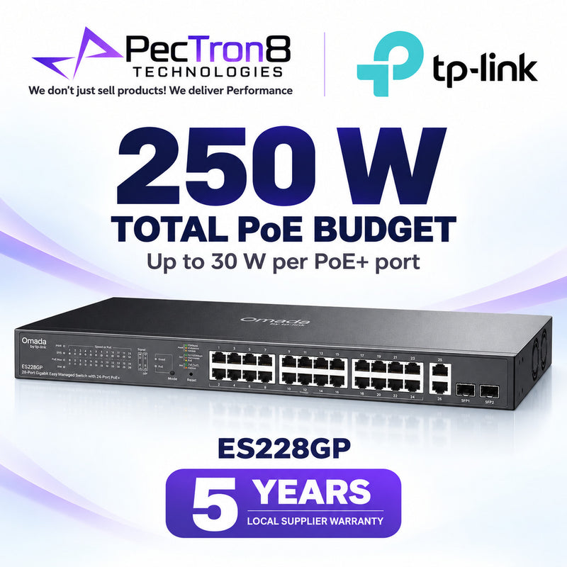 TP-Link Omada ES228GP 28-Port Gigabit Easy Managed Switch with 24-Port PoE+, 250W PoE Budget, 2× Gigabit RJ45 Uplink, 2× Gigabit SFP, Omada SDN